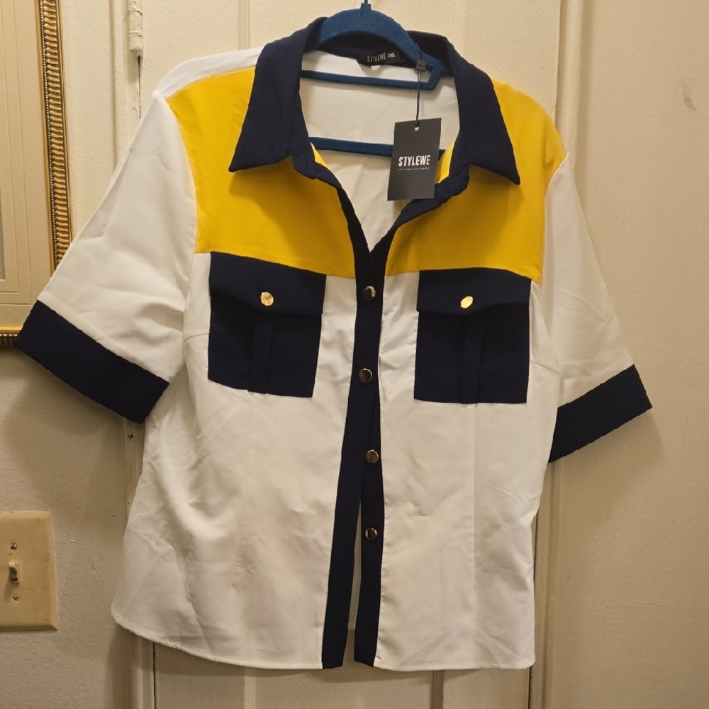 STYLEWE Retro Color Block Yellow and Blue Button Down Shirt